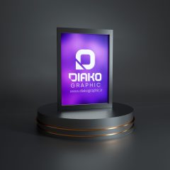دانلود موکاپ قاب عکس سه‌بعدی روی سکوی مشکی